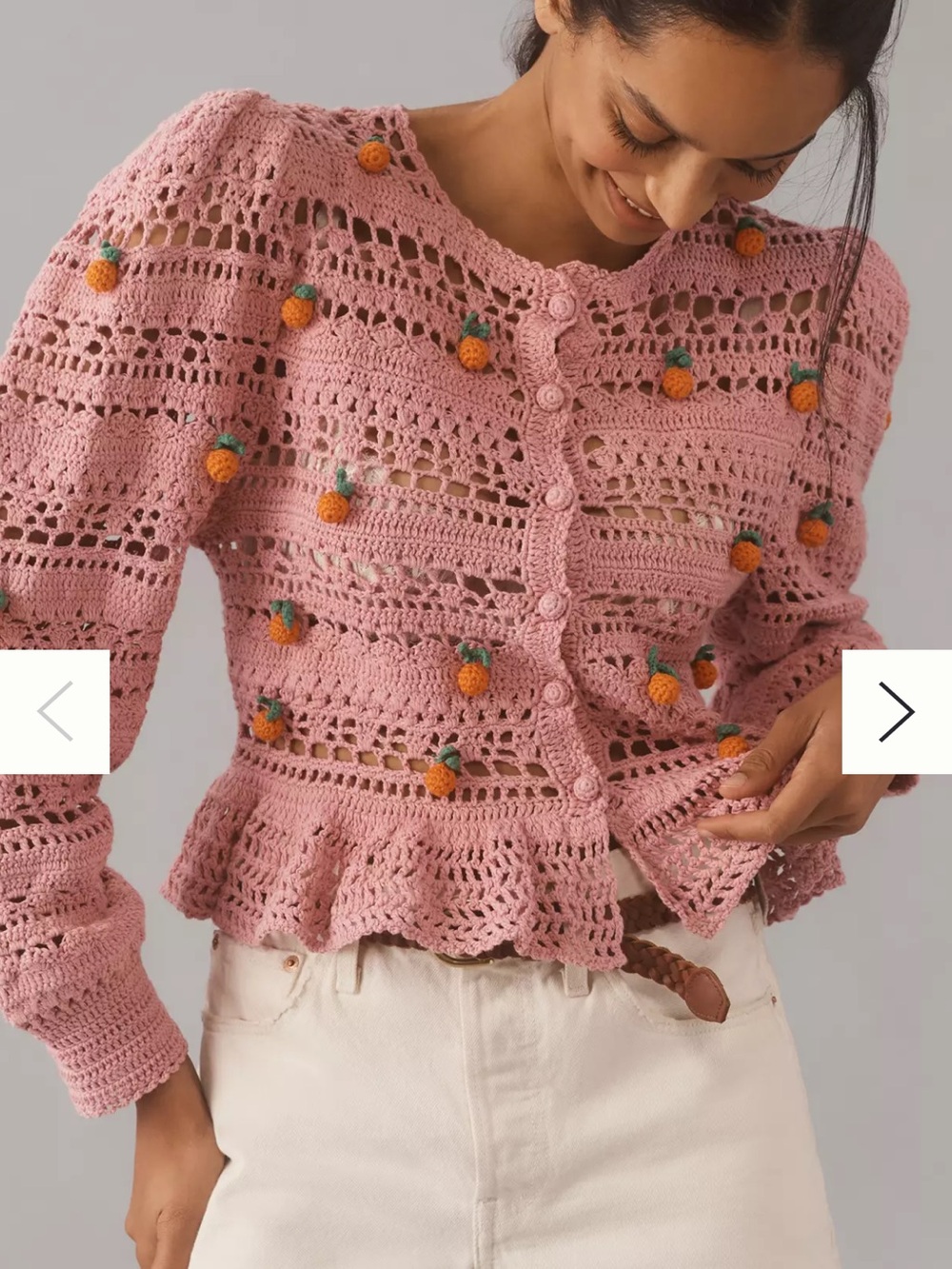 FARM Rio Pink Crochet Pom-Pom Peplum Cardigan